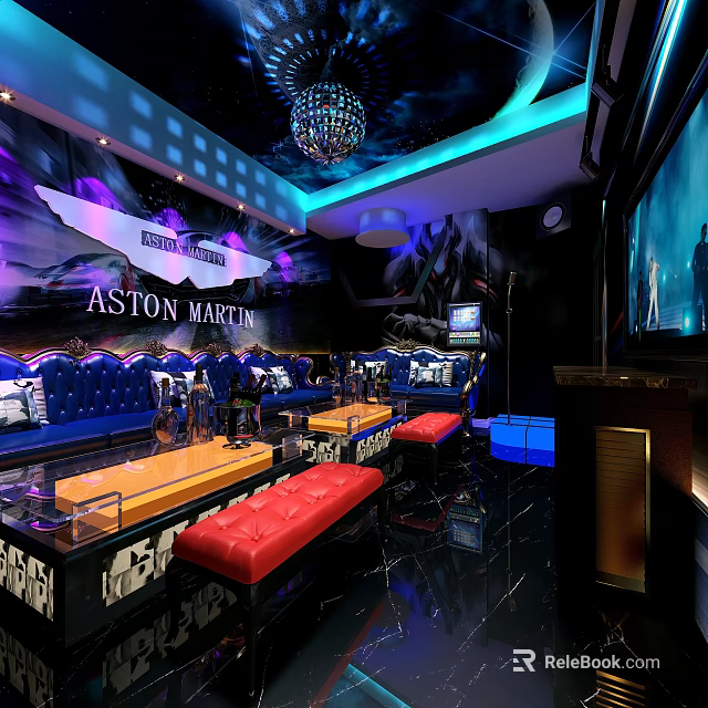Luxury KTV Lounge Interior With Aston Martin Wall Art Blue Red Sofas And Neon Lighting 3d model 