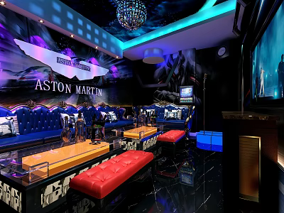 Luxury KTV Lounge Interior With Aston Martin Wall Art Blue Red Sofas And Neon Lighting 3d model