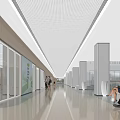 Spacious Modern Hospital Outpatient Corridor With Glass Doors Seats Green Plants And People Walking