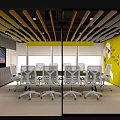 Modern Conference Room With Yellow Ceiling Panels Purple Walls Dual Screens And City View