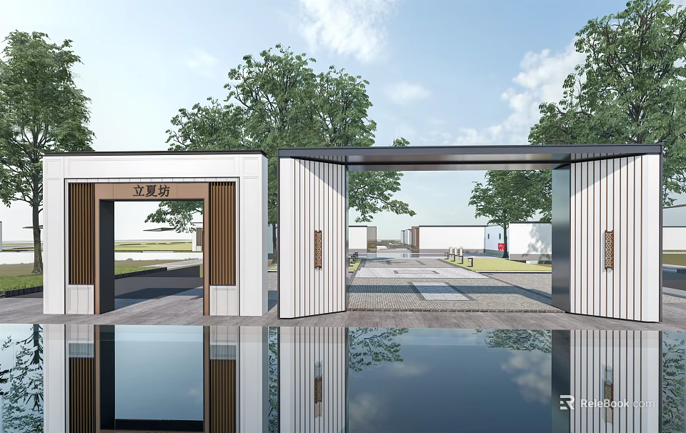 Modern Architectural Entrance Gate With Trees And Water Reflection In Demonstration Area 3d model 