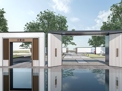 Modern Architectural Entrance Gate With Trees And Water Reflection In Demonstration Area 3d model