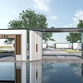 Modern Architectural Entrance Gate With Trees And Water Reflection In Demonstration Area