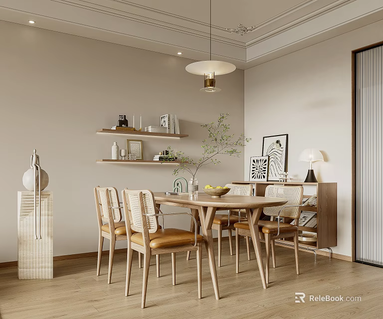Modern Dining Room Interior With Wooden Table Woven Chairs Pendant Light And Decorative Art 3d model 