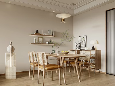 Modern Dining Room Interior With Wooden Table Woven Chairs Pendant Light And Decorative Art 3d model