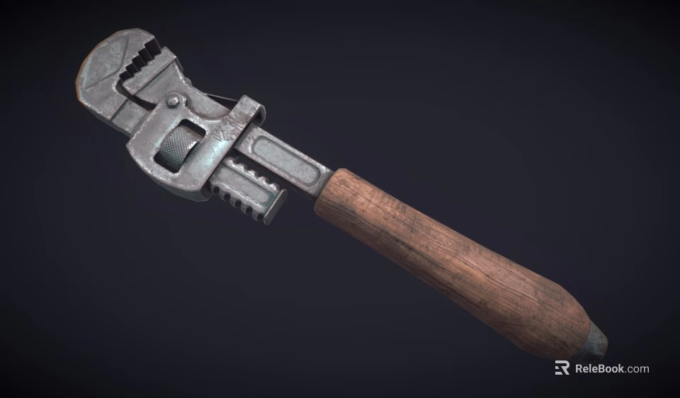 Heavy Duty Adjustable Wrench With Metal Head And Wooden Handle For DIY Projects 3d model 