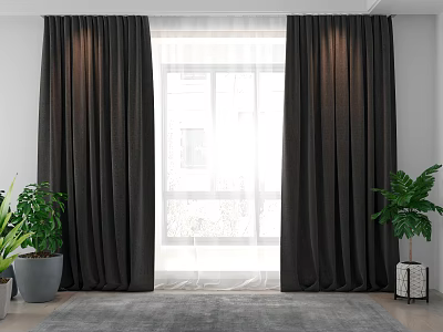 Dark Colored Thick Curtains by Window with Green Plants and Gray Rug 3d model