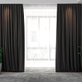 Dark Colored Thick Curtains by Window with Green Plants and Gray Rug