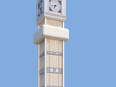 Modern Clock Tower With White Exterior And Decorative Patterns Against Blue Sky 3d model