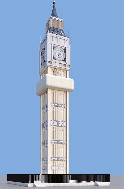 Modern Clock Tower With White Exterior And Decorative Patterns Against Blue Sky 3d model