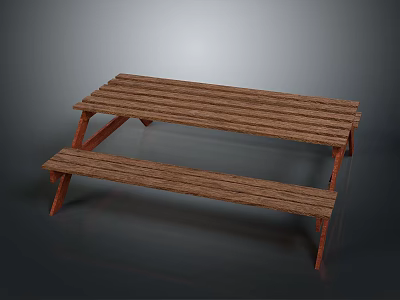Rustic Wooden Picnic Table Featuring Attached Bench Slatted Surface And Wooden Frame 3d model