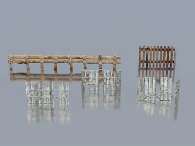 Different Fence Types Featuring Wooden Picket and Metal Rail Designs 3d model