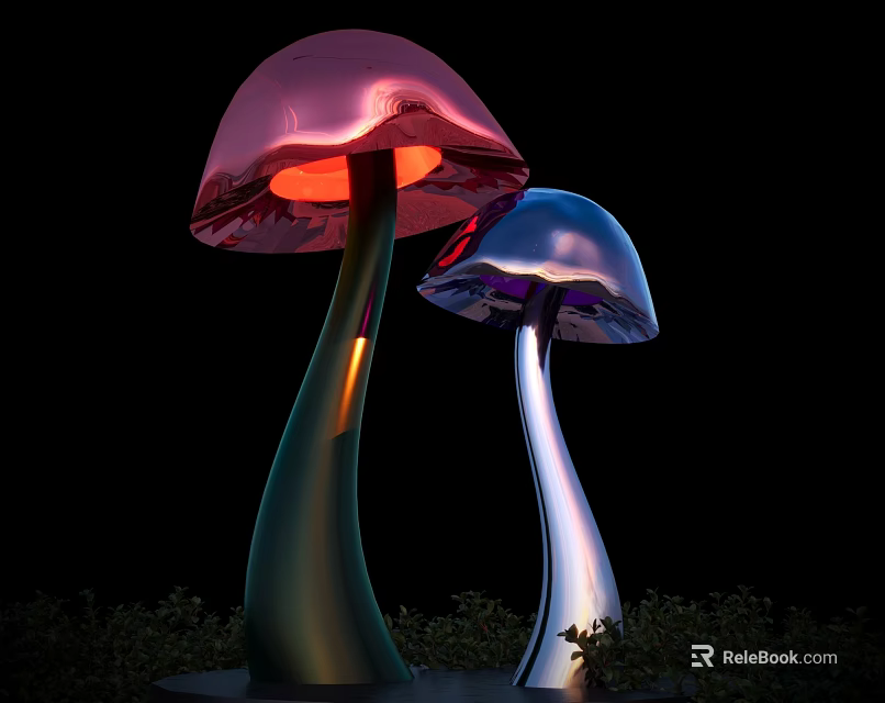 Mushroom Shaped Outdoor Lights Pink Blue Glowing Tops With Curved Stems And Garden Grass 3d model 