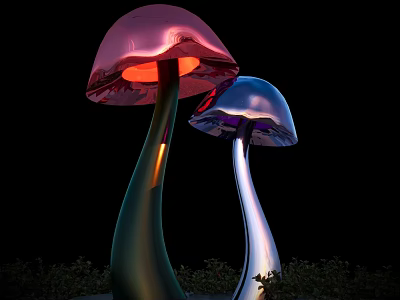 Mushroom Shaped Outdoor Lights Pink Blue Glowing Tops With Curved Stems And Garden Grass 3d model