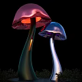 Mushroom Shaped Outdoor Lights Pink Blue Glowing Tops With Curved Stems And Garden Grass
