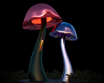 Mushroom Shaped Outdoor Lights Pink Blue Glowing Tops With Curved Stems And Garden Grass 3d model