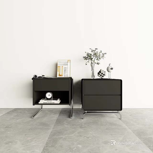 Modern Black Bedside Tables With Metal Legs Books Clock Green Plant And Vase 3d model 