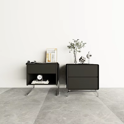 Modern Black Bedside Tables With Metal Legs Books Clock Green Plant And Vase 3d model