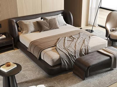Modern Double Bed Interior With Wooden Wall Pillows Blanket Nightstand And Ottoman 3d model