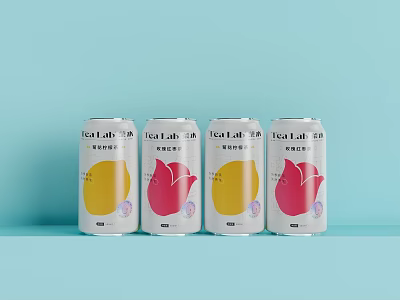 Four Tea Latte Cans With Yellow Pink Design On Light Blue Background 3d model