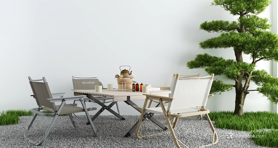 Outdoor Garden Table Set with Chairs Teapot Cups and Bottles Near Green Tree and Grass 3d model 