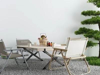 Outdoor Garden Table Set with Chairs Teapot Cups and Bottles Near Green Tree and Grass 3d model