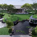 Serene Garden Landscape With Pond Lily Pads Waterfalls Trees And Modern Building