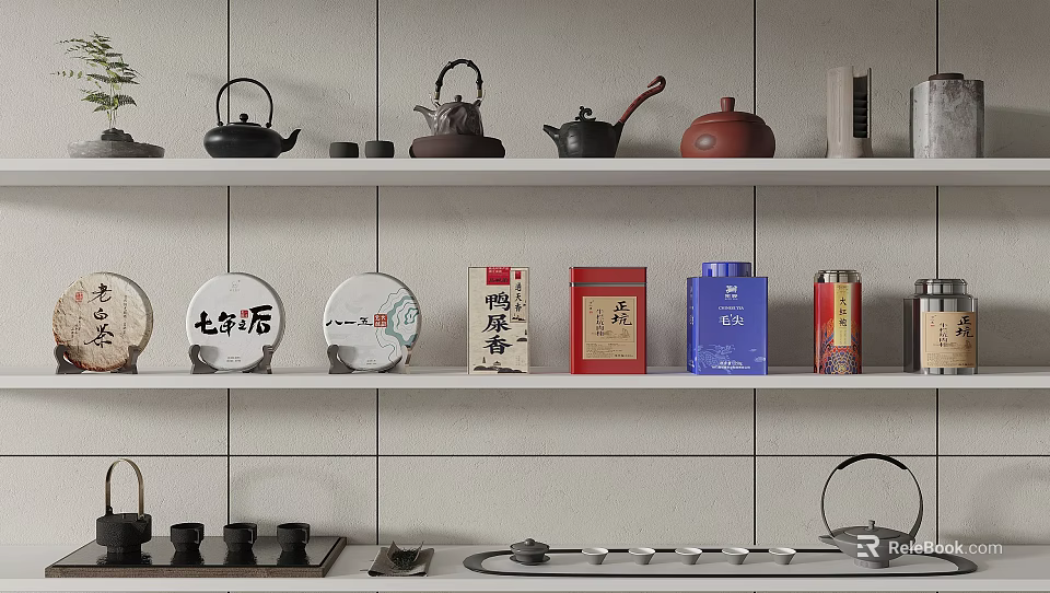 Elegant Tea Set with Teapots and Tea Canisters on Display Shelf in Minimalist Style 3d model 