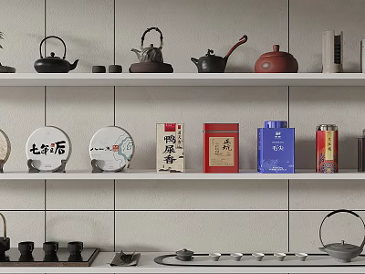Elegant Tea Set with Teapots and Tea Canisters on Display Shelf in Minimalist Style 3d model