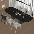 Rock Board Dining Table Long Dining Table Dining Chair Single Chair Chandelier Fabric Curtain Gauze Curtain Book Jewelry Ornaments 3d model