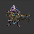 3D Armored Sci Fi Character With Blue Hair Large Mechanical Weapon And Glowing Accents