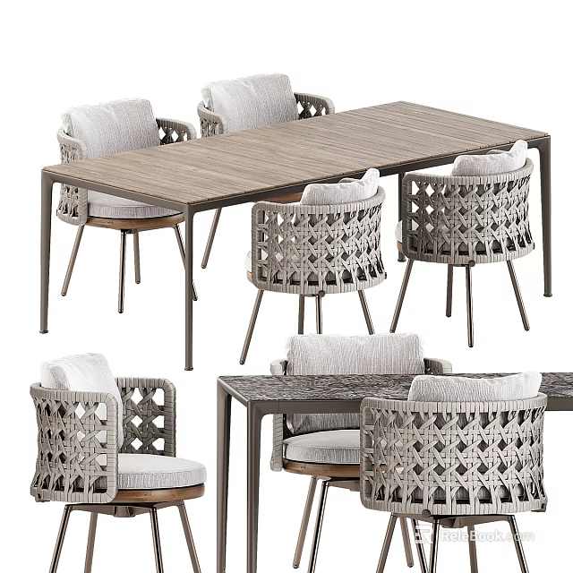 Elegant Outdoor Patio Dining Table Set With Woven Rattan Chairs And Soft Comfortable Cushions 3d model 