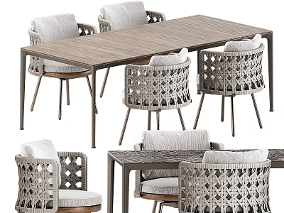 Elegant Outdoor Patio Dining Table Set With Woven Rattan Chairs And Soft Comfortable Cushions 3d model