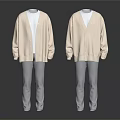 Beige Open Front Cardigan with White Inner Top and Light Gray Pants