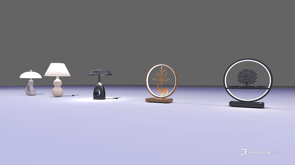 Modern Stylish Table Lamps With Various Designs Featuring Circular Frame And Tree Pattern 3d model 