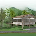Wooden House with Deck Surrounded by Palm Trees and Green Mountains in Misty Forest