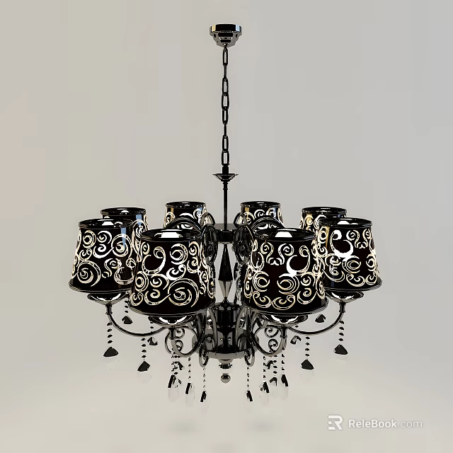 Elegant Black Chandelier With Gold Spiral Pattern Shades And Decorative Pendants 3d model 