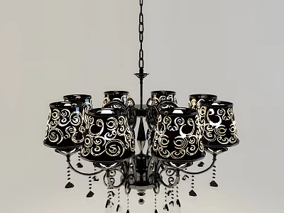 Elegant Black Chandelier With Gold Spiral Pattern Shades And Decorative Pendants 3d model