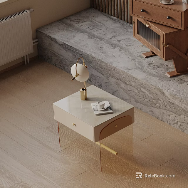 Modern Nightstand With Marble Top Gold Accents And Globe Lamp 3d model 