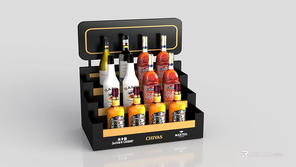 Black Layered Wine Rack With Multiple Wine Bottles And Brand Labels 3d model