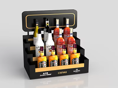 Black Layered Wine Rack With Multiple Wine Bottles And Brand Labels 3d model
