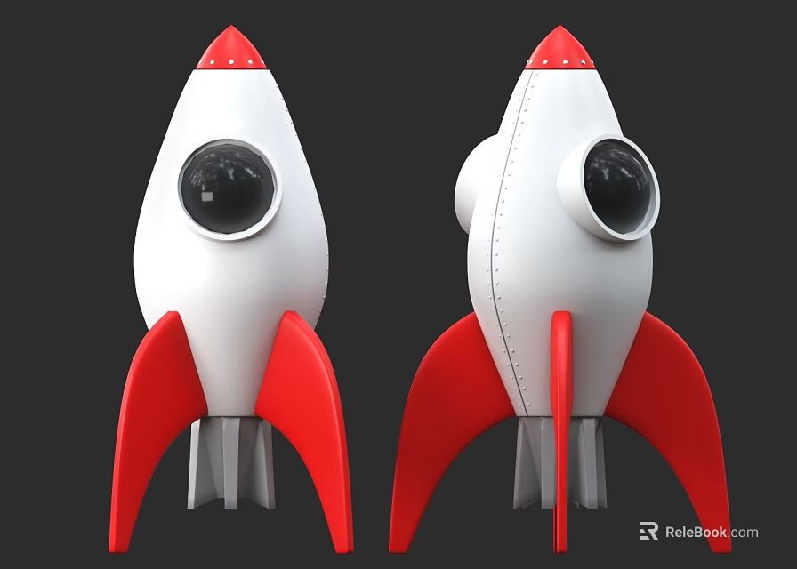 Two White 3D Rocket Models With Red Fins Top And Black Windows 3d model 