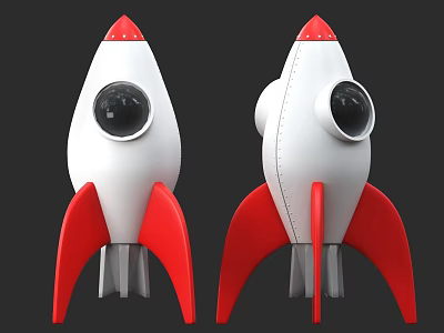 Two White 3D Rocket Models With Red Fins Top And Black Windows 3d model