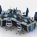 Modern Control Room with Multiple Computer Monitors Workstations and Blue Chairs 3d model