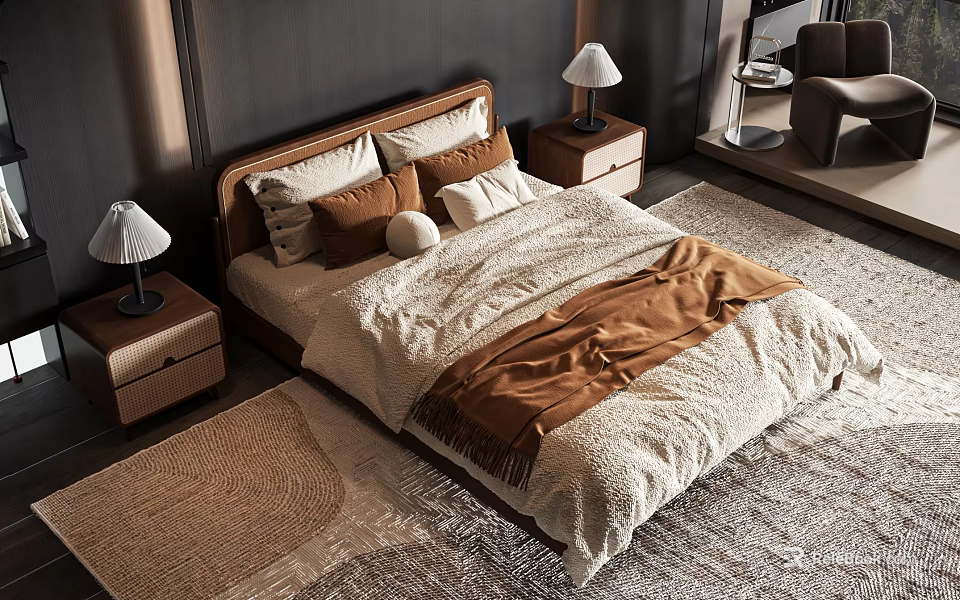 Modern Double Bed With Wooden Headboard White Brown Bedding And Bedside Table Lamps 3d model 