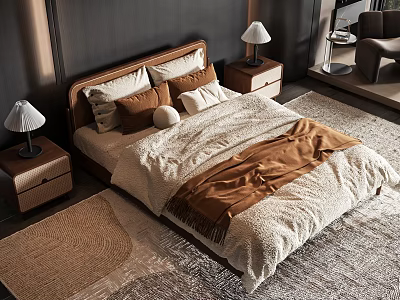 Modern Double Bed With Wooden Headboard White Brown Bedding And Bedside Table Lamps 3d model