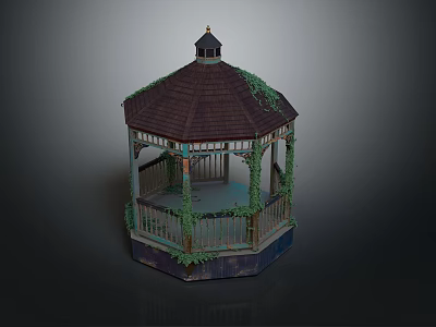 Octagonal Garden Gazebo With Brown Roof Ivy Wrapped Pillars And Blue Base 3d model