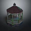 Octagonal Garden Gazebo With Brown Roof Ivy Wrapped Pillars And Blue Base