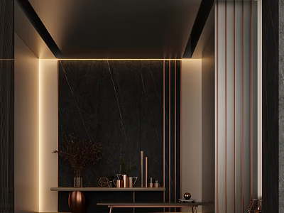 Modern Luxurious Foyer Design With Warm Lighting Dark Wall And Ornaments 3d model