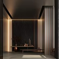 Modern Luxurious Foyer Design With Warm Lighting Dark Wall And Ornaments